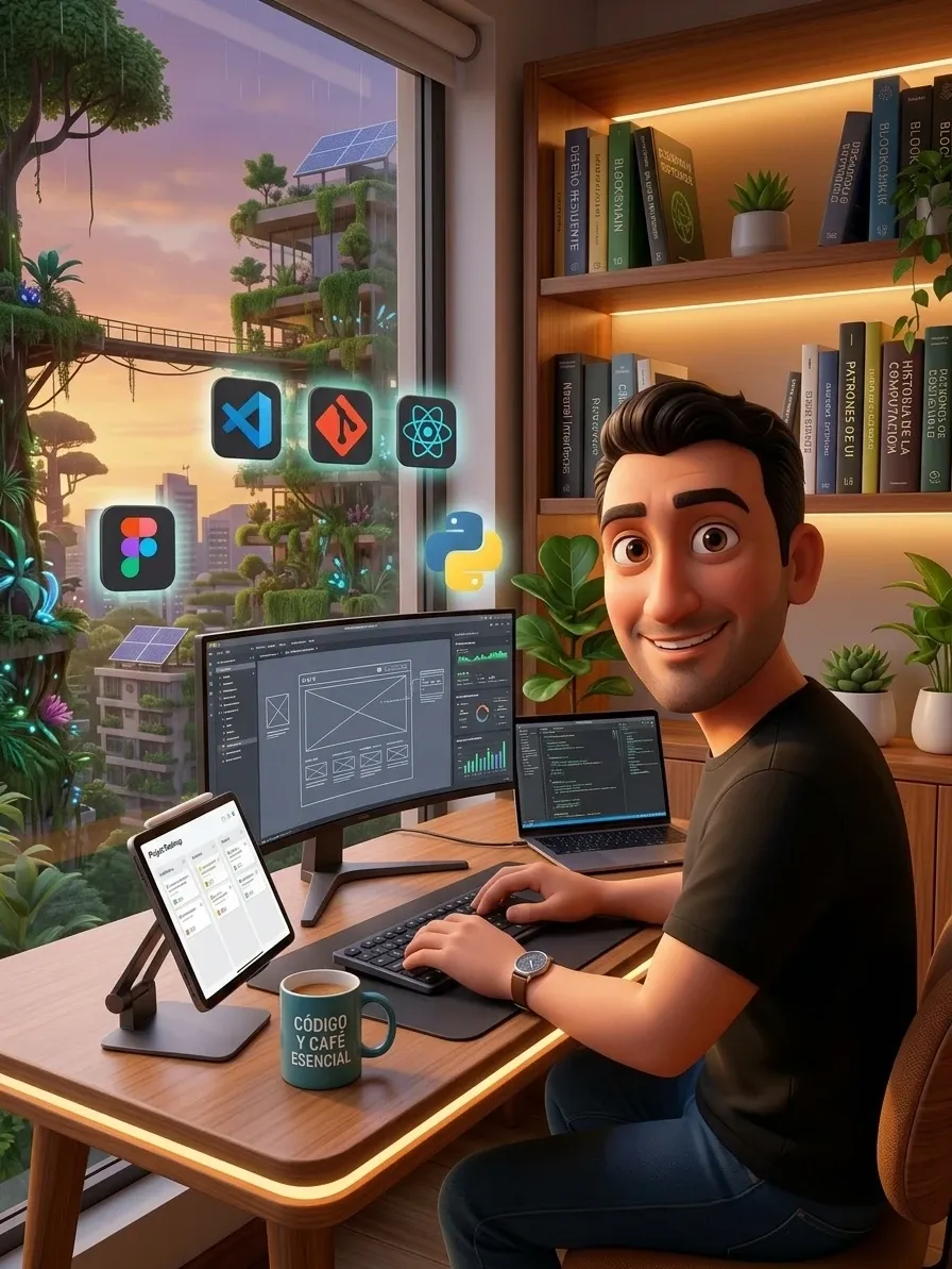 Ilustración de Ricardo Ruiz en estilo animado 3D, sonriendo frente a su escritorio con un monitor, un notebook y una taza que dice «Código y café esencial».
